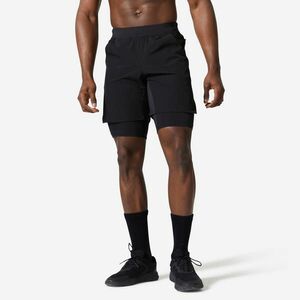 Pantalon scurt respirant 2 în 1 500 Fitness buzunare cu fermoar Negru Bărbați imagine