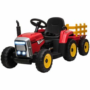 Tractor electric pentru copii cu remorcă detașabilă, baterie reîncărcabilă 12V cu telecomandă, lumini, pentru 3-6 ani, roșu HOMCOM | Aosom RO imagine
