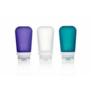 Humangear GoToob+ Sticluță de călătorie/cartuș de silicon Humangear GoToob+ Pachet de 3 flacoane de 100 ml transparent/violet/turcoaz imagine