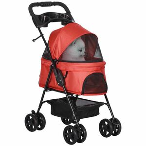 PawHut Cărucior buggy pliabil câine pisică coș depozitare suporturi pahare țesătură Oxford 300D impermeabilă 4 roți roșu | Aosom Romania imagine
