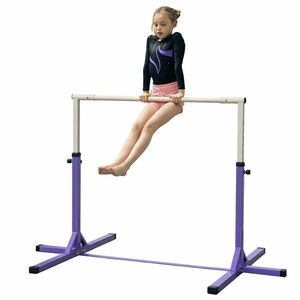 HOMCOM Bară de gimnastică pentru copii, 13 nivele reglabile, 92-150 cm, oțel violet și lemn masiv de fag, stabilă și sigură | Aosom Romania imagine