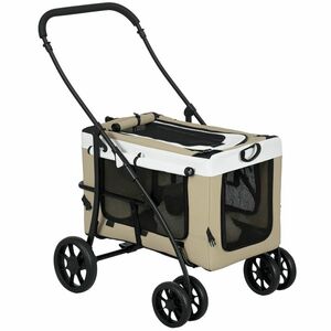 PawHut Cărucior pliabil animale câine pisică landou detașabil pentru umăr 4 roți 81 x 58 x 97, 5 cm kaki | Aosom Romania imagine