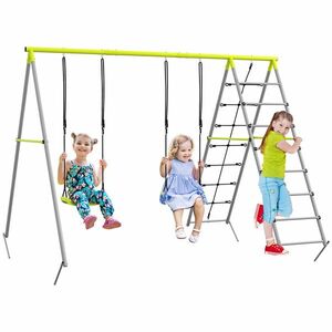 Outsunny 4 în 1 balansoar portic pentru copii cu 2 șezlonguri de balansoar, scară cățărătoare și plasă de escaladă verde | Aosom Romania imagine