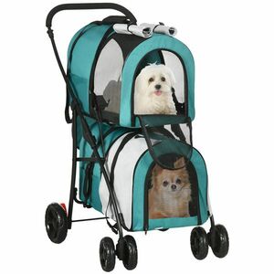 PawHut Cochecito Dublu pentru Câini Pisici Pliabil cu 2 Transportoare Extraibile cu Centură și Perne 66x50x98 cm Verde și Gri | Aosom Romania imagine