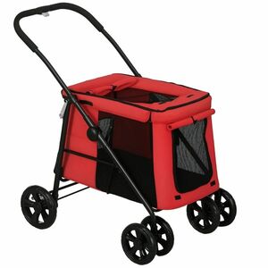 PawHut Cărucior pliabil pentru animale câini pisici cu pernă inclusă, roți cu frână, material textil Oxford 600D, 102 x 62 x 105 cm, roșu | Aosom Romania imagine