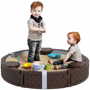 AIYAPLAY Cutie de nisip, Cutie de nisip rotunda pentru pana la 3 copii, cu 3 scaune, strat impermeabil, protectie impotriva intemperiilor, 300 kg de nisip | Aosom Romania imagine