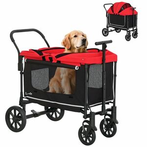 PawHut Hundewagen Hundebuggy pliabil pentru câini și pisici de până la 30 kg 110 x 65 x 102 cm Rot | Aosom Romania imagine