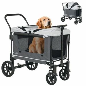 PawHut Hundewagen Hundebuggy pliabil pentru câini & pisici până la 30 kg 110 x 65 x 102 cm Gri închis | Aosom Romania imagine