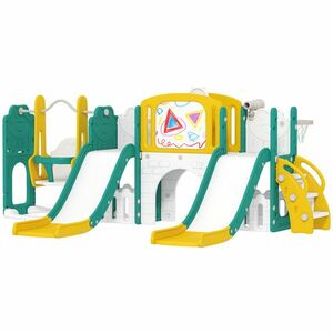 AIYAPLAY Set de topire și leagăn 9 în 1 pentru Copii, cu Coș de Baschet, Telescop, Tablă de Desen, Design de Broască, Galben+Verde | Aosom Romania imagine