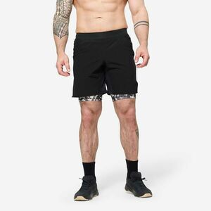 Pantalon scurt de fitness 2 în 1 respirant, buzunar cu fermoar, Negru Bărbați imagine
