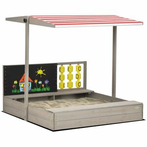 Outsunny Caz de nisip pătrat din lemn pentru copii cu bănci acoperiș reglabil, tablou și jocuri 114 x 113 x 110 cm gri | Aosom Romania imagine