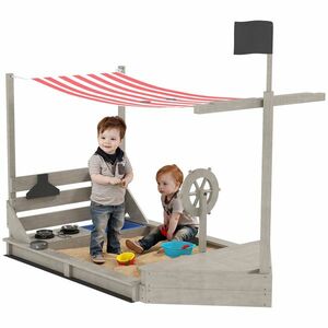 Outsunny Cutie de nisip cu parasolar Vapor pirat, inclusiv set de joc de bucătărie pentru copii, Lemn masiv, 180 x 103 x 144, 5 cm, Gri | Aosom Romania imagine