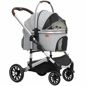PawHut Hundewagen 3 în 1 Hundebuggy pliabil pentru pisici până la 10 kg Katzenbuggy cu pernă, suport pentru băuturi Gri deschis | Aosom Romania imagine