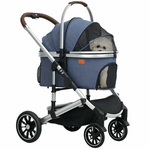 PawHut Cărucior pentru câini 3 in 1 Hundebuggy pliabil pentru pisici până la 10 kg Cărucior pentru pisici cu pernă, suport pentru pahar Albastru închis | Aosom Romania imagine