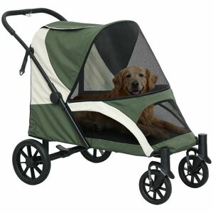 PawHut Cărucior pentru câini, Cărucior pliabil pentru câini mari, Cărucior pentru animale de companie cu 4 roți, Sfori de siguranță, Frâne, Verde închis | Aosom Romania imagine