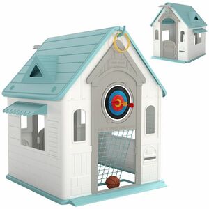 AIYAPLAY Căsuță de Joacă 5-în-1 pentru Copii, de Exterior și Interior, cu Coș de Baschet, Poartă de Fotbal, Tablă de Darts, Joc de Aruncare a Inelelor pentru Copii 2-5 Ani, Bej | Aosom Romania imagine