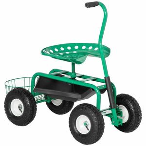 Outsunny Scaun rotativ 360 ° reglabil pe înălțime cărucior de grădină cu spațiu de depozitare Roți mâner scaun de grădină mobil rotativ scaun de lucru în grădină până la 150 kg Cadru metalic scaun de grădină pentru grădinărit Verde | Aosom Romania imagine