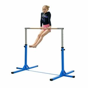 HOMCOM Bară fixă de gimnastică pentru copii - bara de gimnastică cu înălțime reglabilă în 13 nivele de la 92 la 150 cm - oțel albastru lemn fag | Aosom Romania imagine