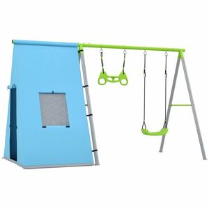 Set balansoar AIYAPLAY 3 in 1, Cort de Joacă, Balansoar, Inele de Gimnastică, Metal, Plastic, Verde | Aosom Romania imagine