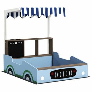 AIYAPLAY Ladă de nisip cu copertină, design magazin alimentar, bancă, tablă de scris, lemn de brad, 104H x 108L x 90B cm, Albastru | Aosom Romania imagine