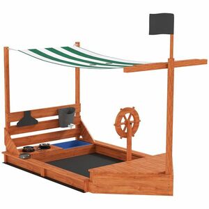 Outsunny Cutie de nisip cu copertină Corabie de pirați, incl. set de bucătărie pentru copii, lemn masiv, 180 x 103 x 144, 5 cm, Verde | Aosom Romania imagine