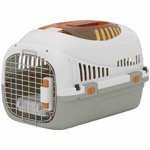 PawHut Transportor pentru Pisici și Câini Mici din Plastic, cu Fereastră Superioară, Ușă din Oțel, Bol pentru Hrană, pentru Animale max 4 kg, 49x32x31 cm, Gri | Aosom Romania imagine