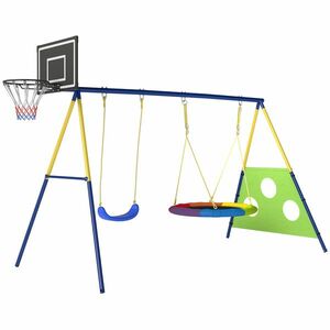 AIYAPLAY Set Leagăne de Grădină 4-în-1 pentru Copii cu Leagăne Duble, Coș de Baschet, Poartă de Fotbal, Cadru Metalic în Formă de A, Capacitate 150 kg, pentru Exterior, 3-8 Ani, 288x160x220 cm | Aosom Romania imagine