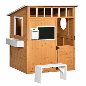 Outsunny Cabană de joacă pentru copii casă de grădină din lemn cu ușă și ferestre, banc, cutie poștală, tablou, de la 3 la 8 ani | Aosom Romania imagine