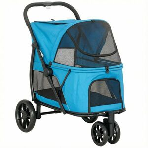 PawHut Cărucior pentru câini pliabil cu 3 roți Ferestre din plasă Pernă lavabilă Off-road Capacitate 20 kg 92x63x95 cm Albastru | Aosom Romania imagine