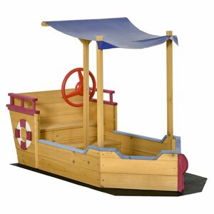 Outsunny Bac cu Nisip în Formă de Barcă de Pirați din Lemn, Pânză de Umbrire, Cufăr de Depozitare, timon, Lemn de Brad pre-uleiat | Aosom Romania imagine