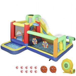 AIYAPLAY Castel Gonflabil Acvatic cu Suflantă 550W 9 în 1 cu Tobogan Trambulină Escaladă 2 Piscine Coș Coloană de Box | Aosom Romania imagine