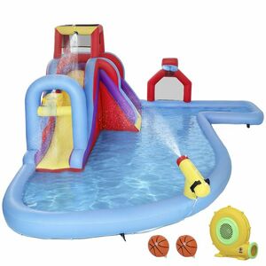 AIYAPLAY Castel Gonflabil Acvatic cu Suflantă 550W Tobogan Perete de Cățărare Piscină Cerc de Baschet Poartă de Fotbal | Aosom Romania imagine