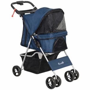 PawHut Cărucior pentru Câini cu Copertină Reglabilă, Coș Depozitare și Roți cu Frână Material Oxford 77x45x99, 5 cm Albastru Închis | Aosom Romania imagine