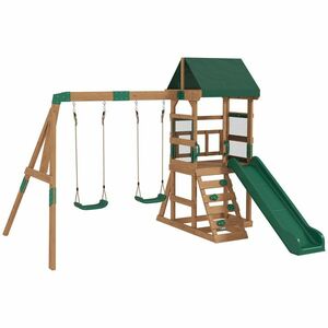AIYAPLAY Turn de joacă Cadru de cățărat Lemn Cadru de leagăn cu tobogan 2 leagăne Perete de cățărat pentru 3-8 ani 315x284x233 cm Verde | Aosom Romania imagine