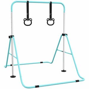 HOMCOM Bară de gimnastică pentru copii, bară orizontală pliabilă cu înălțime reglabilă cu inele de gimnastică, cyan | Aosom Romania imagine