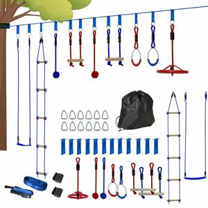 AIYAPLAY Parcurs de obstacole ninja pentru copii 10 accesorii 10 m, slackline și geantă de transport, albastru | Aosom Romania imagine