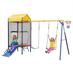 Dispozitiv multifuncțional 4-în-1 pentru exterior pentru copii, trambulină cu plasă de siguranță, pentru 3–8 ani, 336x217x238 cm, Multicolor imagine