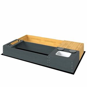 AIYAPLAY Set ladă pentru nisip 2 piese 150x90 cm lemn ladă de nisip cu bancă spațiu depozitare plită chiuvetă detașabilă mărgele abac Galben | Aosom Romania imagine