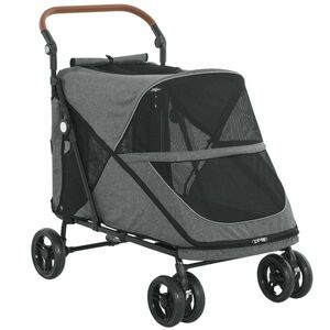 PawHut Cărucior pliabil pentru câini buggy pentru câini mari până la 30 kg cu roți rotative 360° fereastră din plasă pernă mâner reglabil Gri | Aosom Romania imagine