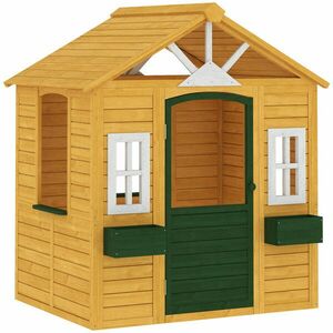AIYAPLAY Căsuță de Grădină pentru Copii din Lemn de Molid, Căsuță de Exterior cu 3 Ferestre, 2 Jardiniere, Ușă și Acoperiș, pentru Copii 3-8 Ani, Interior și Exterior, 134.5x97x150 cm, Maro | Aosom Romania imagine