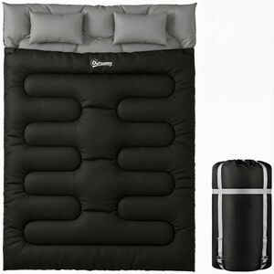 Outsunny Sac de dormit dublu pentru 2 persoane cu 2 perne, 2 sezoane pentru outdoor, camping, trekking, călătorii Negru | Aosom Romania imagine