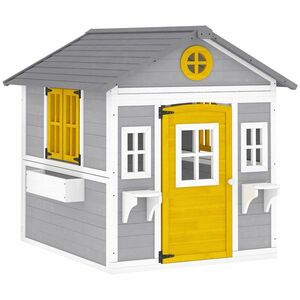 Outsunny Căsuță din Lemn pentru Copii 3-8 Ani, Căsuță de Grădină cu Ferestre, Acoperiș Înclinat, Ghivece și Jardiniere, Gri, Galben, Alb | Aosom Romania imagine