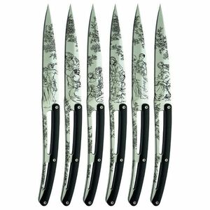 Set de 6 cuțite de friptură Deejo cu lamă lucioasă cu muchie zimțată mâner negru ABS design Toile de Jouy imagine